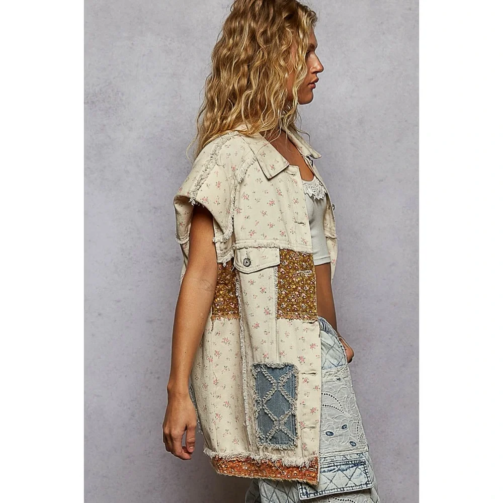 POL Cream Floral Patchwork Denim Vest | Long Mixed Fabric Boho Vest - Picture 3 of 5